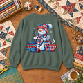 Patchwork Snowman Holding Quilt Block With Cocoa Sweatshirt
