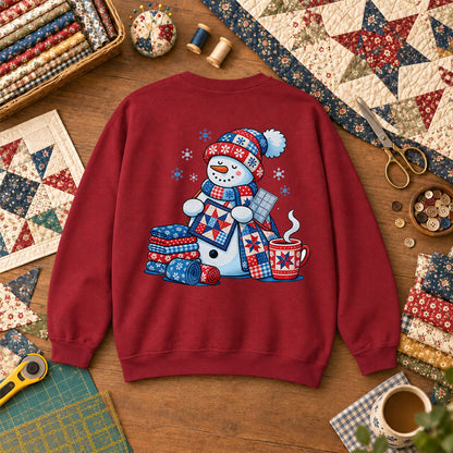 Patchwork Snowman Holding Quilt Block With Cocoa Sweatshirt - Garnet