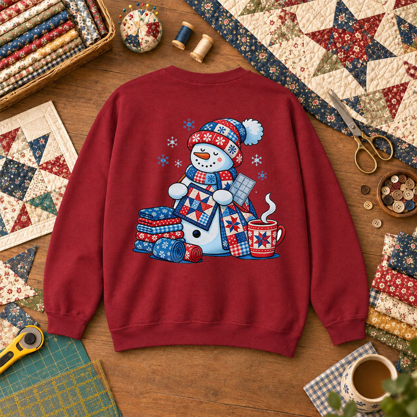 Patchwork Snowman Holding Quilt Block With Cocoa Sweatshirt - Garnet
