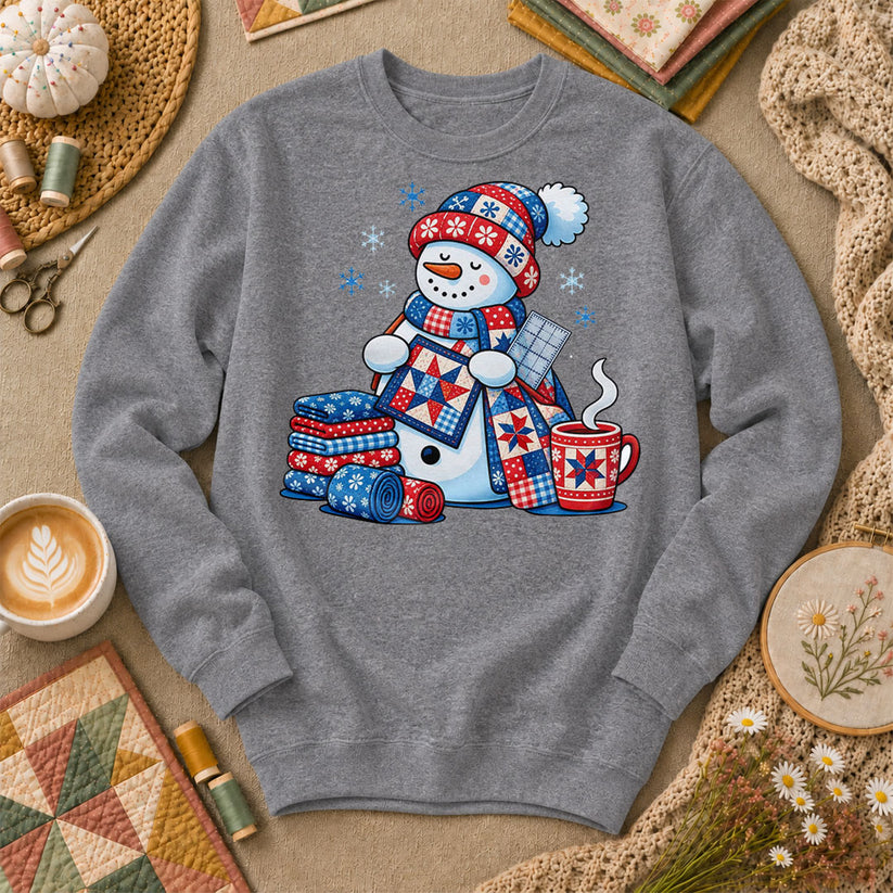 Patchwork Snowman Holding Quilt Block With Cocoa Sweatshirt - Graphite Heather