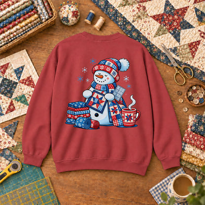 Patchwork Snowman Holding Quilt Block With Cocoa Sweatshirt - Heather Red