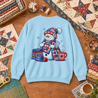 Patchwork Snowman Holding Quilt Block With Cocoa Sweatshirt - Light Blue