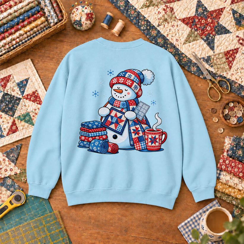Patchwork Snowman Holding Quilt Block With Cocoa Sweatshirt - Light Blue