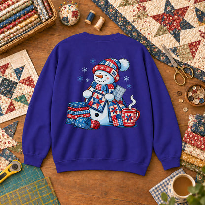 Patchwork Snowman Holding Quilt Block With Cocoa Sweatshirt - Royal