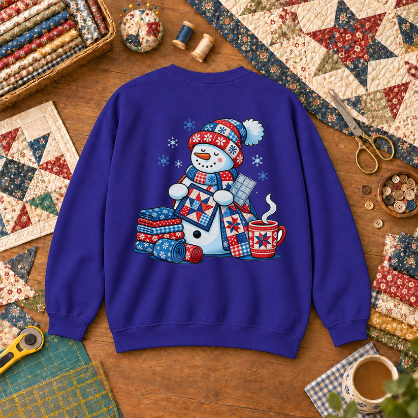 Patchwork Snowman Holding Quilt Block With Cocoa Sweatshirt - Royal
