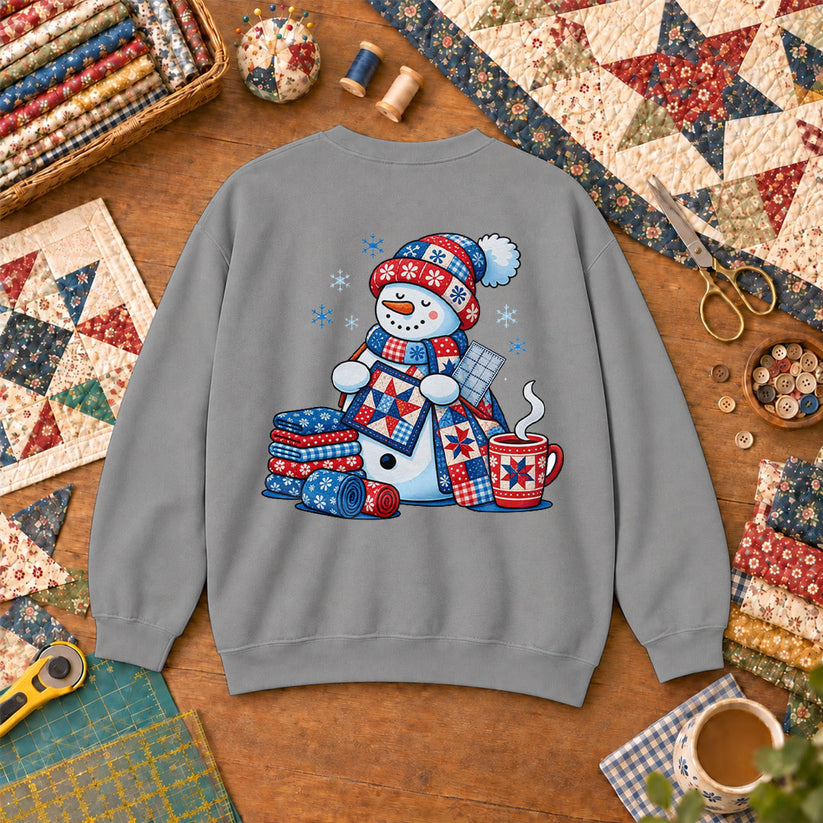 Patchwork Snowman Holding Quilt Block With Cocoa Sweatshirt - Sport Grey