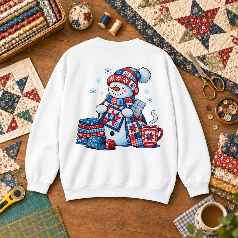 Patchwork Snowman Holding Quilt Block With Cocoa Sweatshirt - White