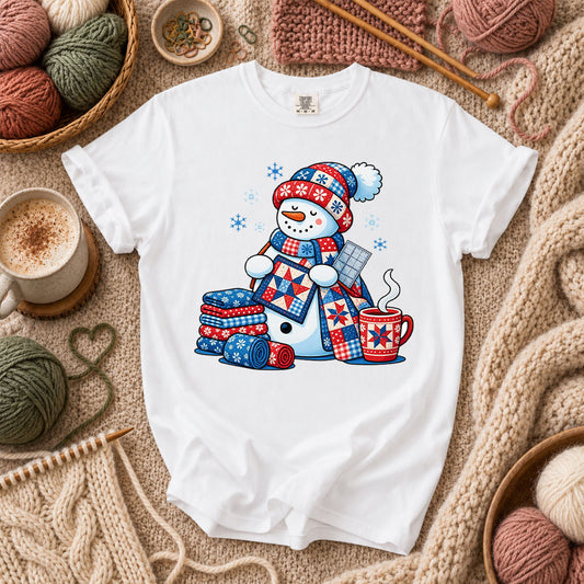 Patchwork Snowman Holding Quilt Block With Cocoa T-Shirt - White