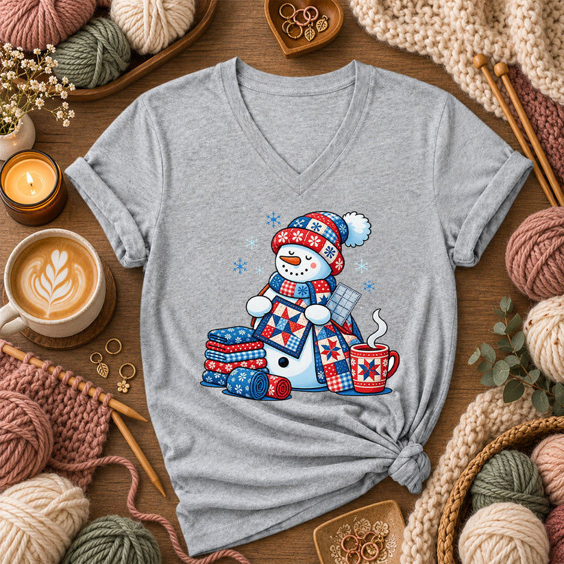 Patchwork Snowman Holding Quilt Block With Cocoa Women's V-Neck - Athletic Heather