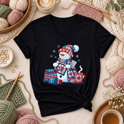 Patchwork Snowman Holding Quilt Block With Cocoa Women's V-Neck - Black