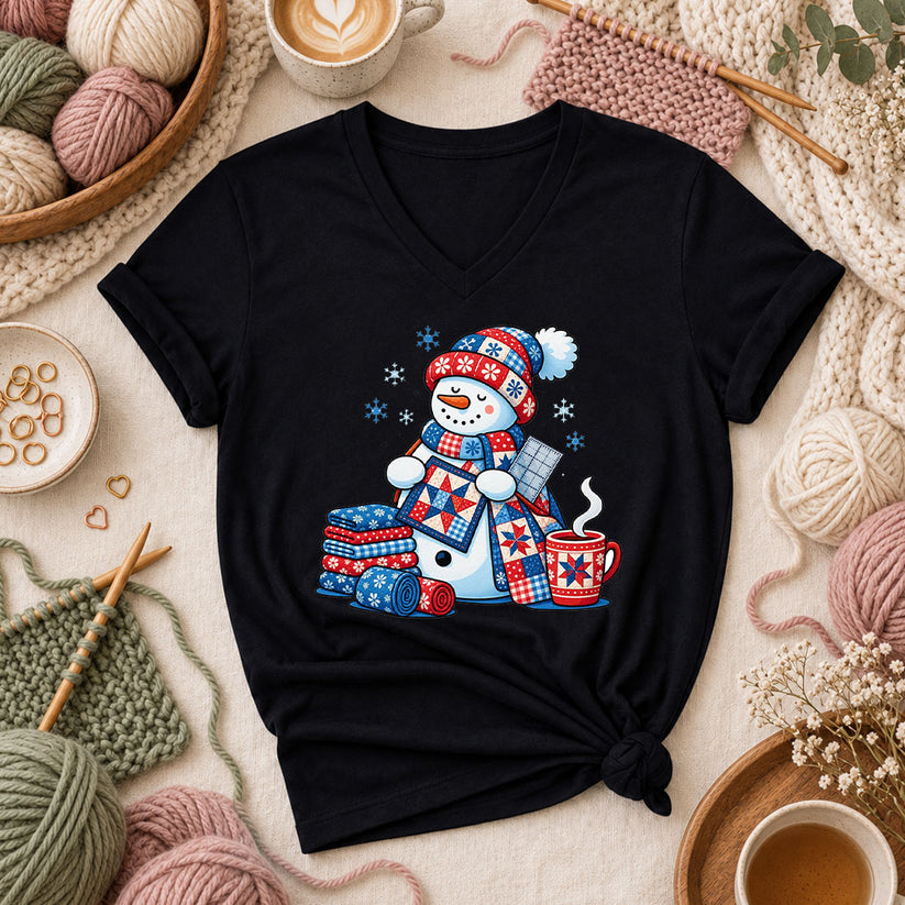 Patchwork Snowman Holding Quilt Block With Cocoa Women's V-Neck - Black