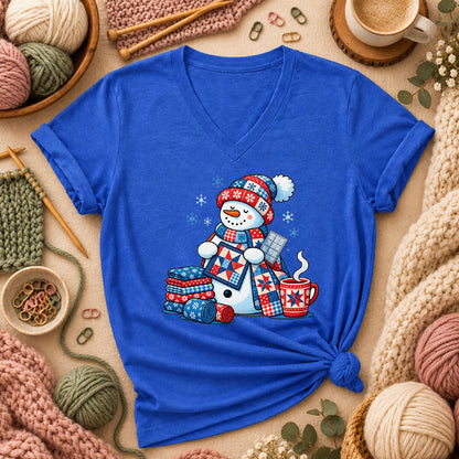 Patchwork Snowman Holding Quilt Block With Cocoa Women's V-Neck - Heather True Royal