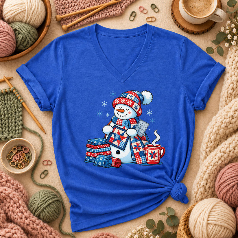 Patchwork Snowman Holding Quilt Block With Cocoa Women's V-Neck - Heather True Royal