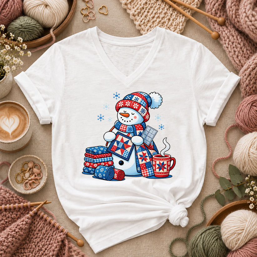Patchwork Snowman Holding Quilt Block With Cocoa Women's V-Neck - White