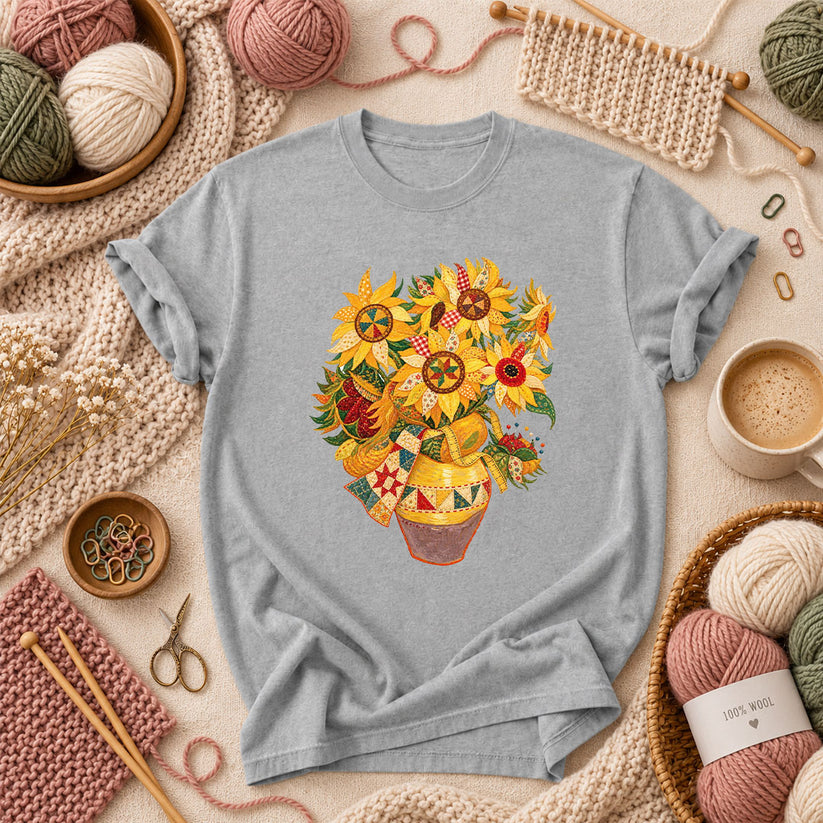 Patchwork Sunflowers In Vase T-Shirt - Athletic Heather