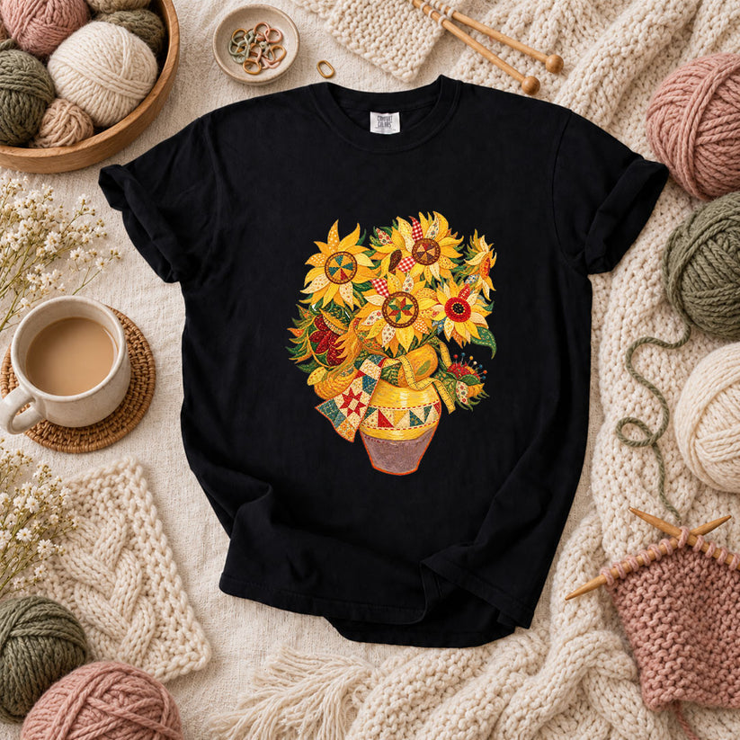 Patchwork Sunflowers In Vase T-Shirt - Black