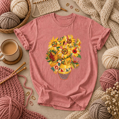 Patchwork Sunflowers In Vase T-Shirt - Heather Mauve