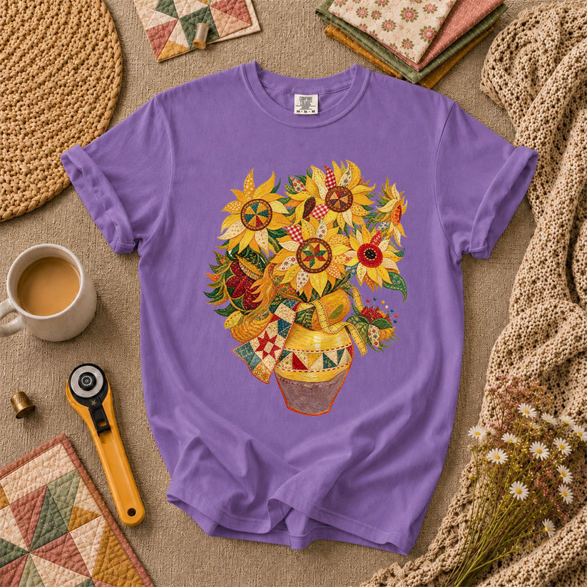 Patchwork Sunflowers In Vase T-Shirt - Heather Team Purple