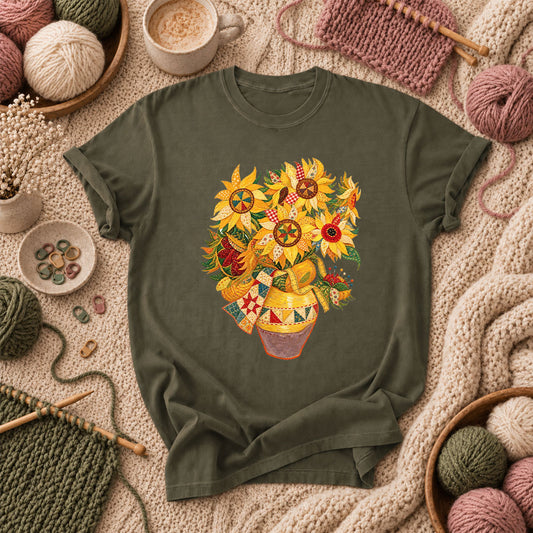 Patchwork Sunflowers In Vase T-Shirt - Military Green