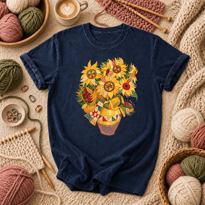 Patchwork Sunflowers In Vase T-Shirt - Navy