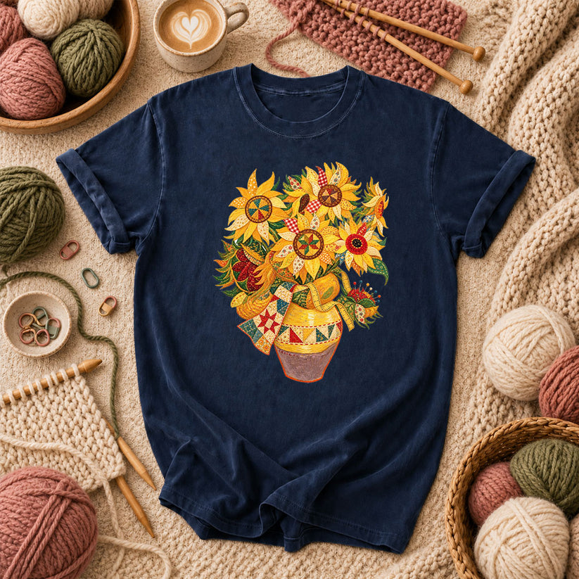 Patchwork Sunflowers In Vase T-Shirt - Navy