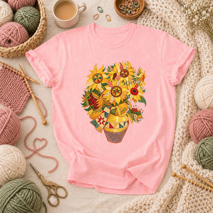 Patchwork Sunflowers In Vase T-Shirt - Pink
