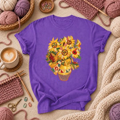 Patchwork Sunflowers In Vase T-Shirt - Purple