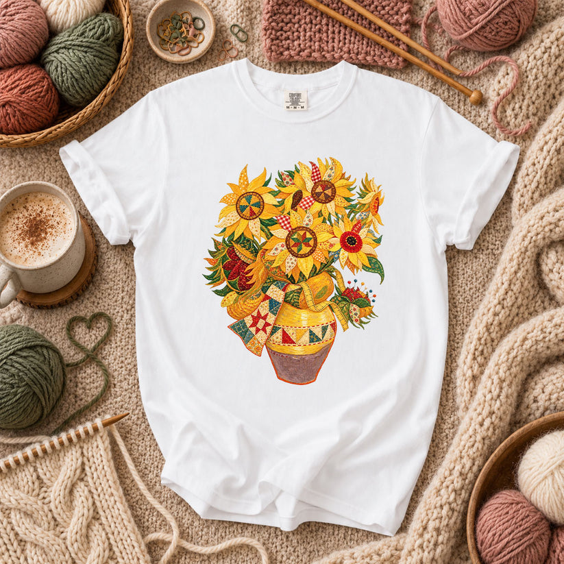 Patchwork Sunflowers In Vase T-Shirt - White