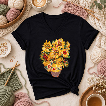 Patchwork Sunflowers In Vase Women's V-Neck - Black