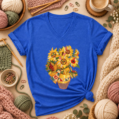 Patchwork Sunflowers In Vase Women's V-Neck - Heather True Royal