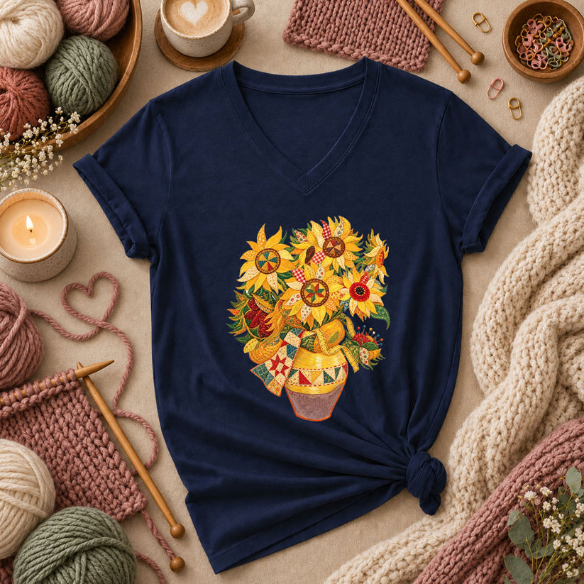 Patchwork Sunflowers In Vase Women's V-Neck - Navy