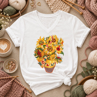 Patchwork Sunflowers In Vase Women's V-Neck - White