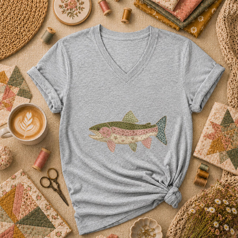 Patchwork Trout Fish Quilter Women's V-Neck - Athletic Heather