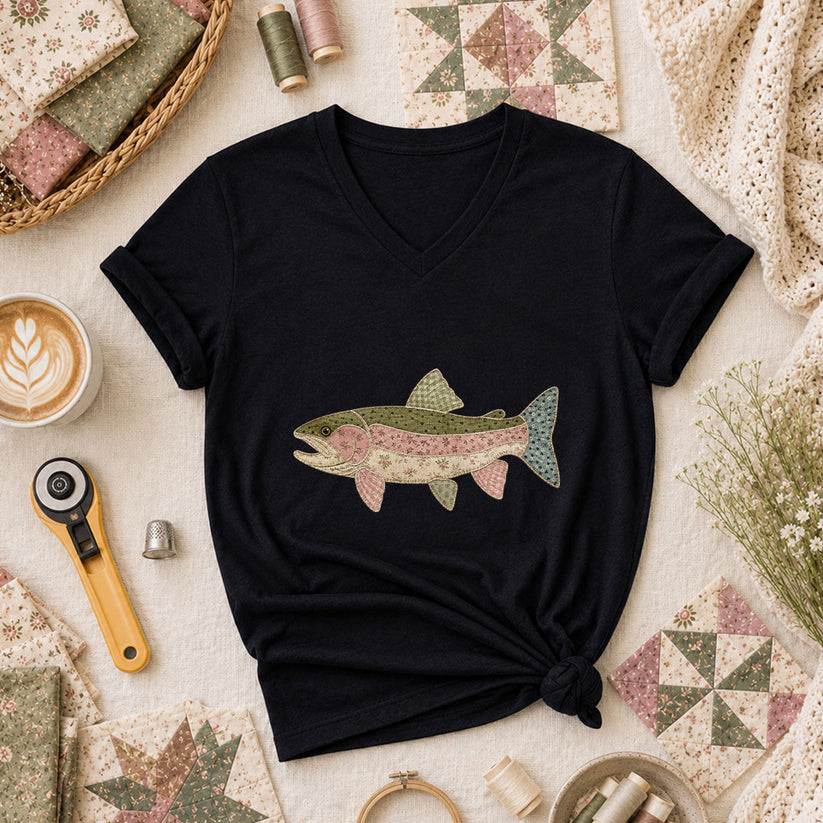 Patchwork Trout Fish Quilter Women's V-Neck - Black