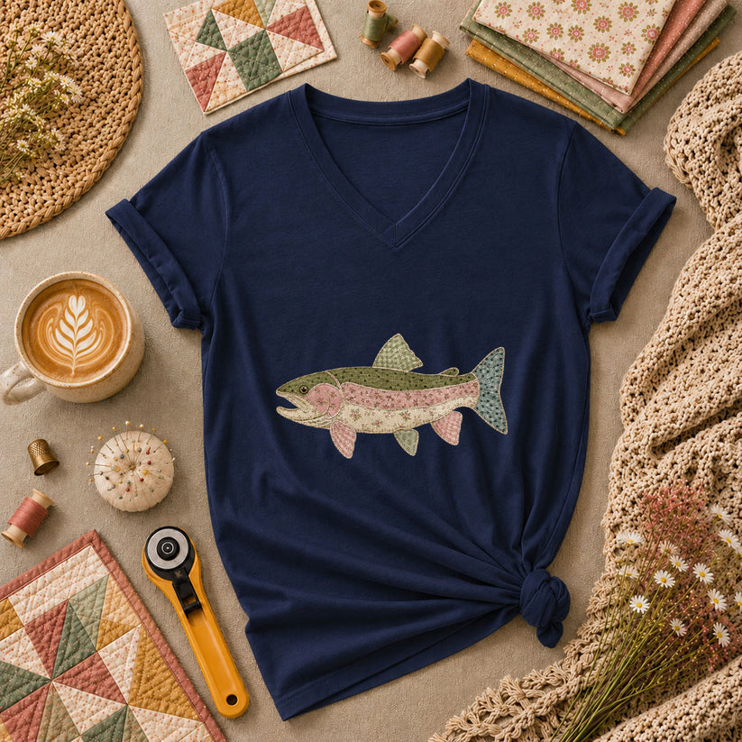 Patchwork Trout Fish Quilter Women's V-Neck - Navy