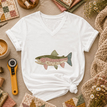 Patchwork Trout Fish Quilter Women's V-Neck - White