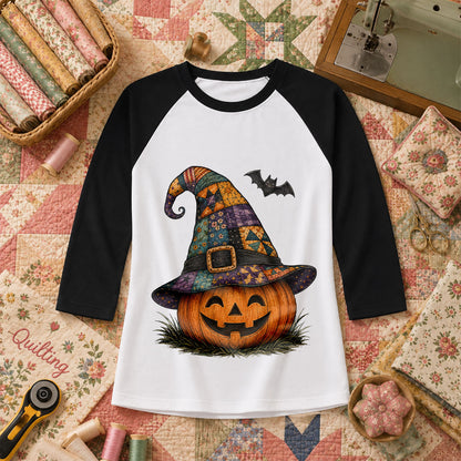 Patchwork Witch Hat Jack-O-Lantern Raglan Sleeve - Black