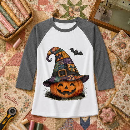 Patchwork Witch Hat Jack-O-Lantern Raglan Sleeve - Deep Heather