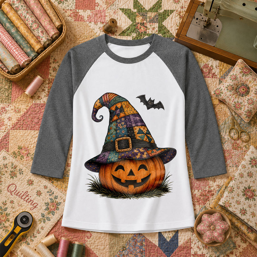 Patchwork Witch Hat Jack-O-Lantern Raglan Sleeve - Deep Heather