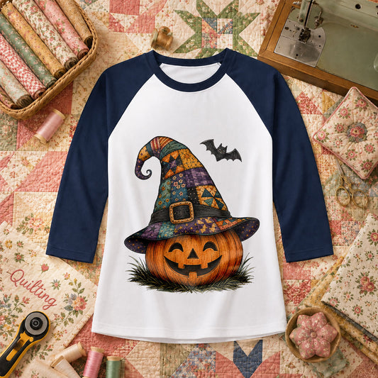 Patchwork Witch Hat Jack-O-Lantern Raglan Sleeve - Navy