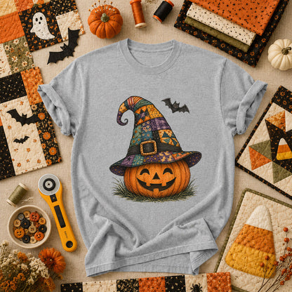 Patchwork Witch Hat Jack-O-Lantern T-Shirt - Athletic Heather