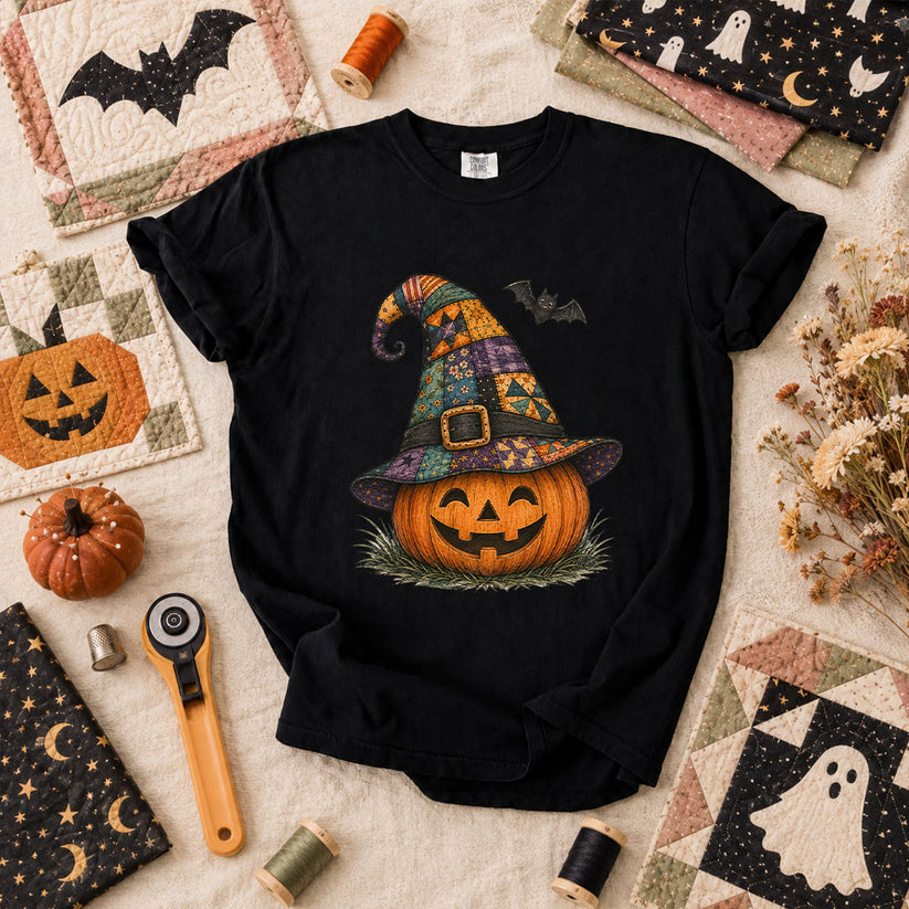 Patchwork Witch Hat Jack-O-Lantern T-Shirt - Black