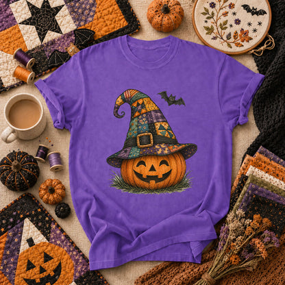 Patchwork Witch Hat Jack-O-Lantern T-Shirt - Heather Team Purple
