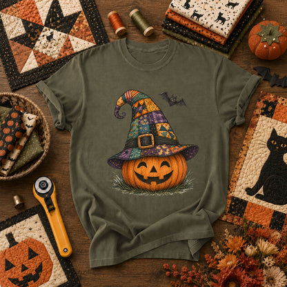 Patchwork Witch Hat Jack-O-Lantern T-Shirt - Military Green