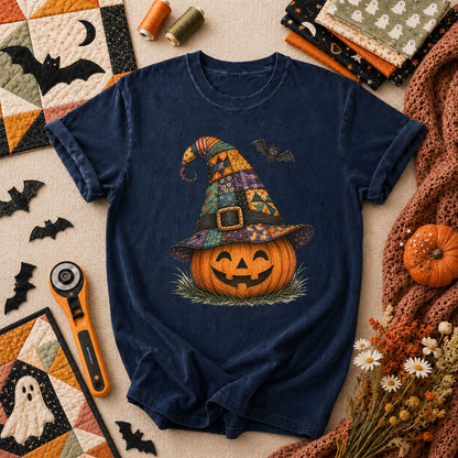 Patchwork Witch Hat Jack-O-Lantern T-Shirt - Navy