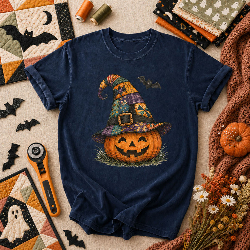 Patchwork Witch Hat Jack-O-Lantern T-Shirt - Navy