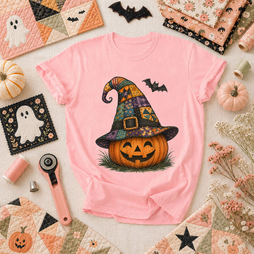 Patchwork Witch Hat Jack-O-Lantern T-Shirt - Pink