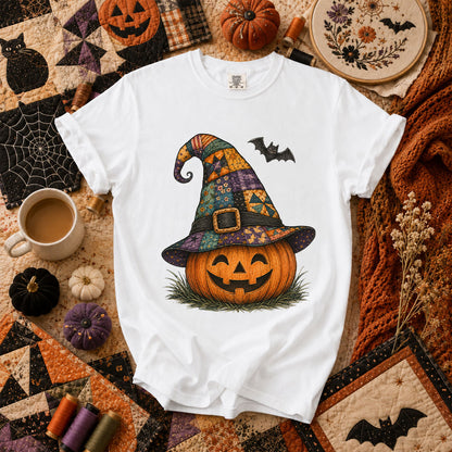 Patchwork Witch Hat Jack-O-Lantern T-Shirt - White
