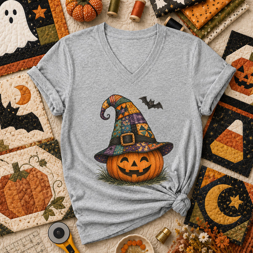 Patchwork Witch Hat Jack-O-Lantern Women's V-Neck - Athletic Heather