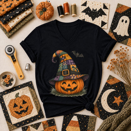 Patchwork Witch Hat Jack-O-Lantern Women's V-Neck - Black